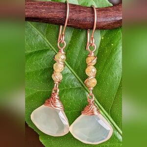 Artisan Gemstone Earrings Copper Wrap Neutral Earth Tones Dangle Drop